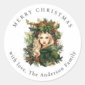 Forest Goddess Holly Red Berries Christmas Holiday Runder Aufkleber (Vorderseite)