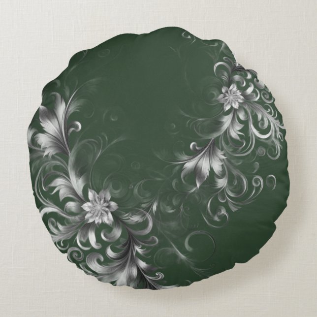 Forest Green, and Silver Round Throw Pillow Rundes Kissen (Rückseite)