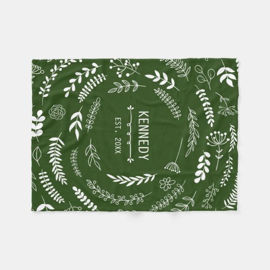 Forest Green Blätter Floral Monogram Muster Fleecedecke (Vorderseite (Horizontal))