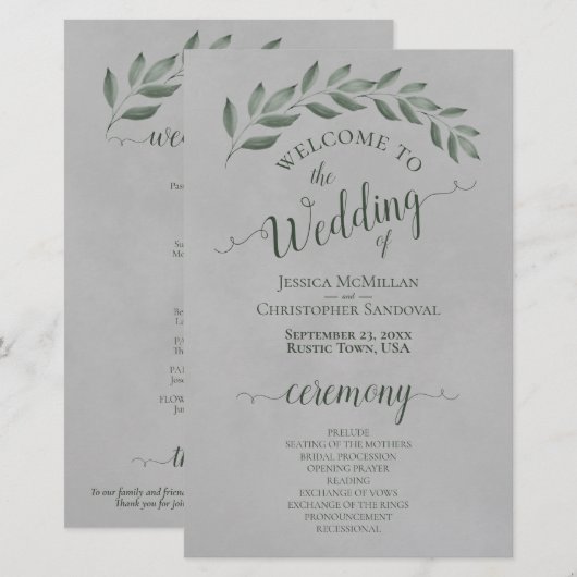 Forest Green Blätter on Grey Budget Wedding Progra (Vorne/Hinten)