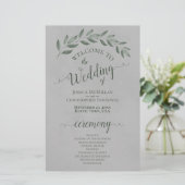 Forest Green Blätter on Grey Budget Wedding Progra (Stehend Vorderseite)