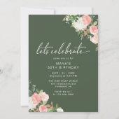 Forest Green Blush Pink | Blumengarten Geburtstag Einladung (Vorderseite)
