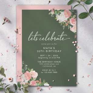 Forest Green Blush Pink Blumengarten Geburtstag Einladung