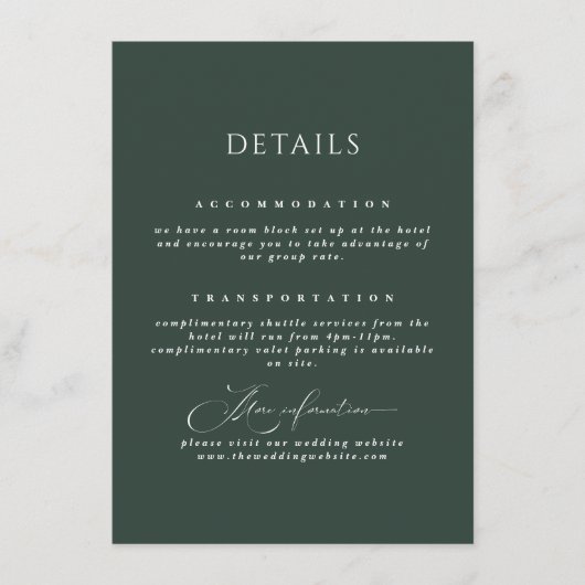 Forest Green Calligraphy Wedding Details Card Begleitkarte (Vorderseite)