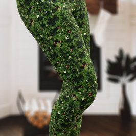 Forest Green Christmas Tree Gold Star Muster Leggings