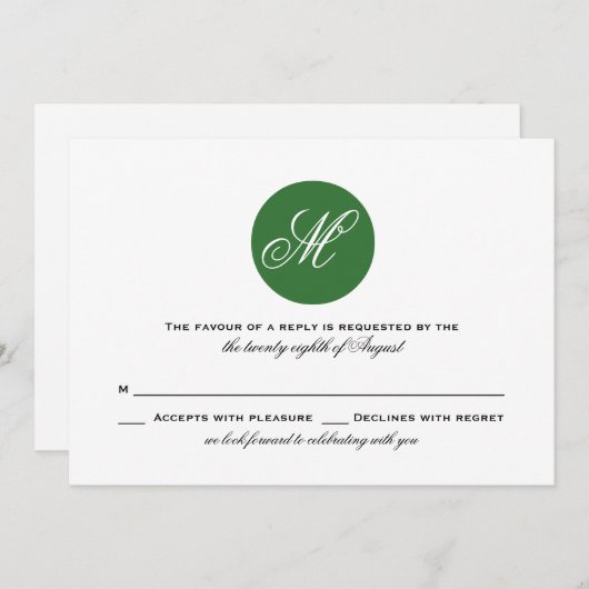 Forest Green Circle Monogram Wedding RSVP Card Einladung (Vorne/Hinten)