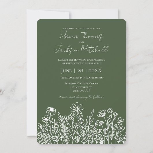 Forest Green Dark Wildblume Simple Wedding Einladung (Vorderseite)