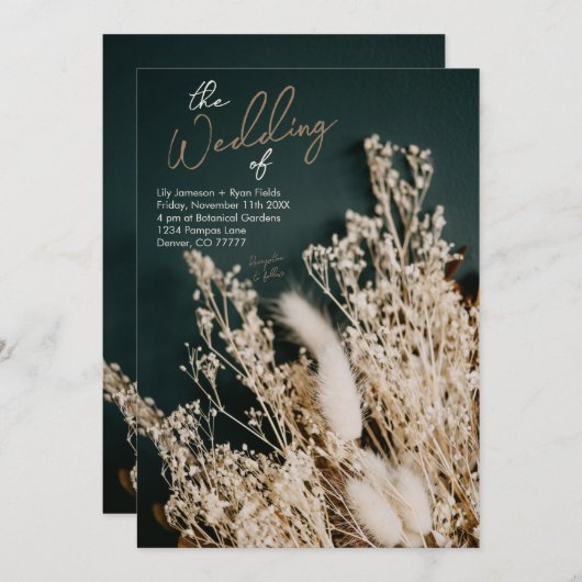 Forest Green getrocknete Blütenboho Rustikale Hoch Einladung (Vorne/Hinten)