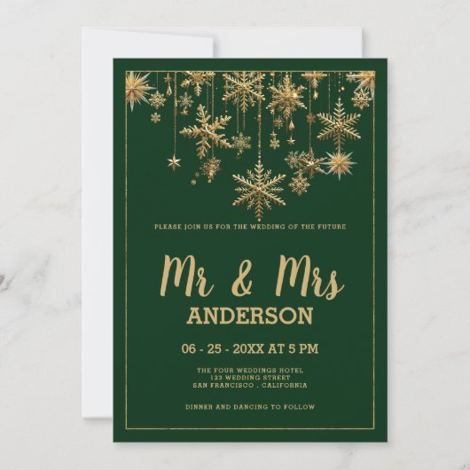Forest Green Gold Drehbuch MR MRS Schneeflocke Hoc Einladung (Vorderseite)