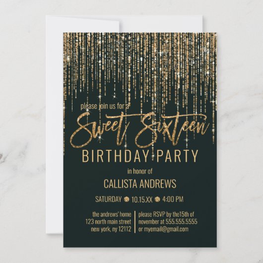 Forest Green Gold Glitzer Fringe Vorhang Sweet 16 Einladung (Vorderseite)