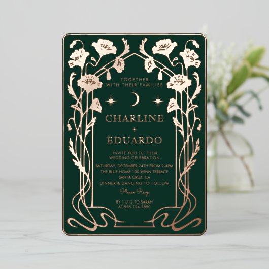 Forest Green & Gold Jugendstil Einladung zur Hochz (Stehend vorne)