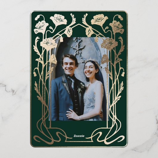 Forest Green & Gold Jugendstil Einladung zur Hochz (Rückseite)