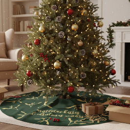 Forest Green Gold Mistletoe Kisses Custom Polyester Weihnachtsbaumdecke