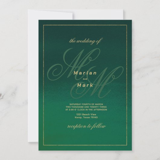 Forest green gold monogram initials Wedding Einladung (Vorderseite)
