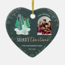 Forest Green Heart Shape Family Foto Ornament