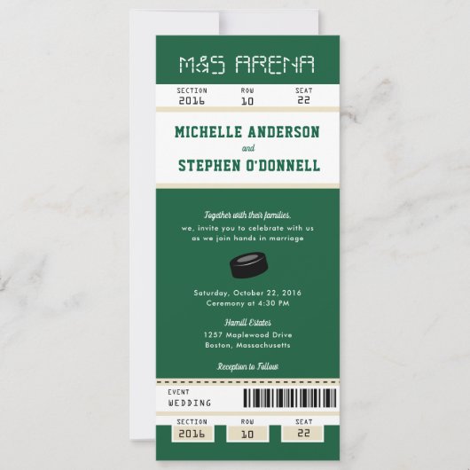 Forest Green Hockey Ticket Hochzeit Einladung (Vorderseite)