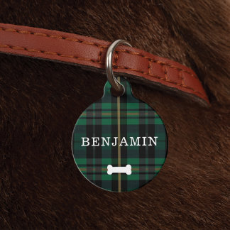 Forest Green Karierte Muster Dog Bone & Monogram Haustiermarke