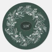 Forest Green Leafy  Wreath Monogram Nature Runder Aufkleber (Vorderseite)