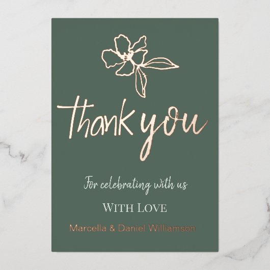 Forest Green Minimal Blumenhochzeit Vielen Dank Folieneinladung (Vorderseite)
