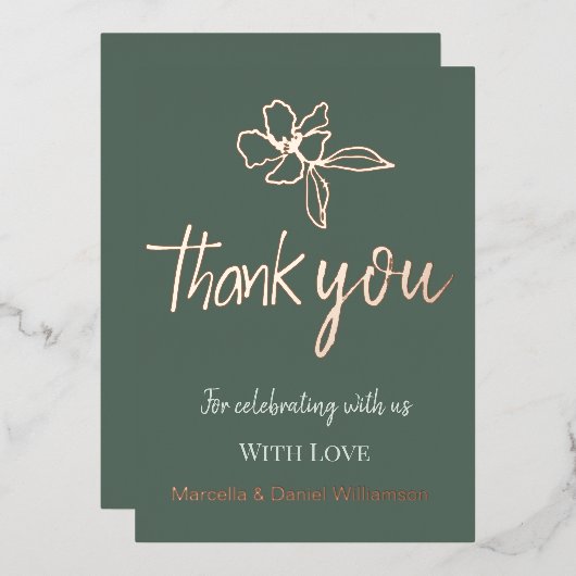 Forest Green Minimal Blumenhochzeit Vielen Dank Folieneinladung (Vorderseite/Rückseite)