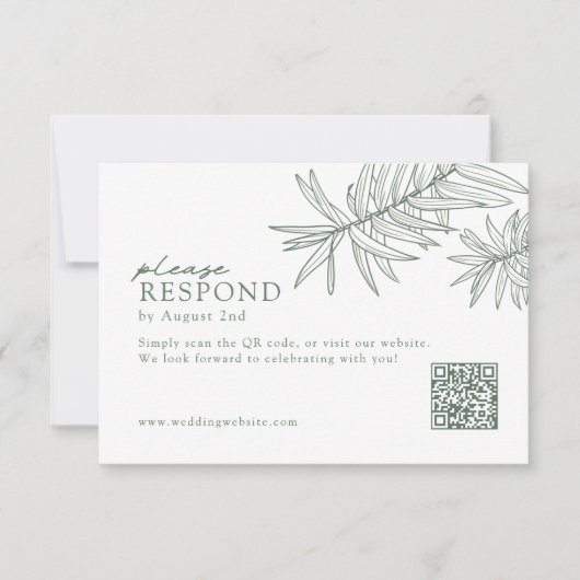 Forest Green Minimalistisch Botanic QR Code RSVP Karte (Vorderseite)