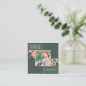 Forest Green mit Blush-Blätter Raster mit Foto Quadratische Visitenkarte (Stehend Vorderseite)