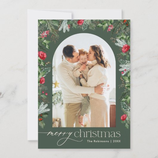 Forest Green Modern Arch 1 Foto Frohe Weihnachten (Vorderseite)