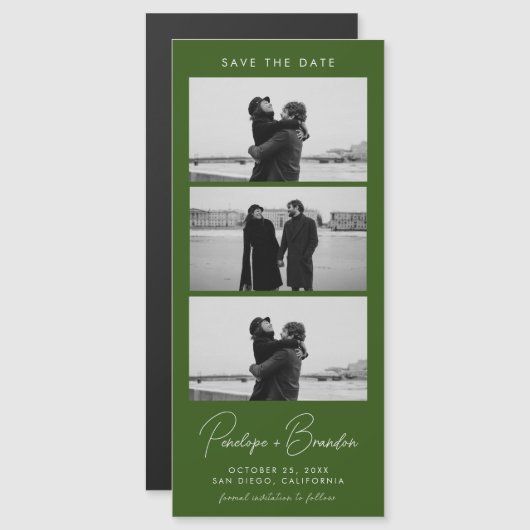 Forest Green Modern Foto Strip Magnetic Wedding Magnetkarte (Vorne/Hinten)