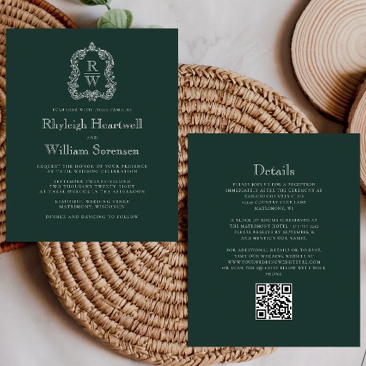Forest Green Monogram Wappen QR Code Hochzeit