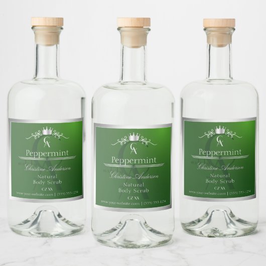 Forest Green Product Label Silver Frame Monogram Alkoholflaschenetikett (Flaschen)