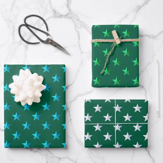 Forest Green Silver Türkise Blue Stars Geschenkpapier Set (Vorderseite)