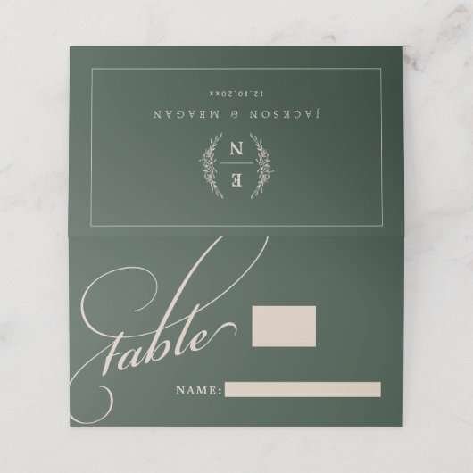 Forest Green Stack Initials Monogram Wedding Platzkarte (Außenseite Aufgefaltet)