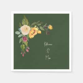 Forest Green Sunflower Wedding Cocktail Serviette