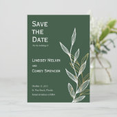 Forest Green und Gold Leaf Hochzeit speichern das Einladung (Stehend Vorderseite)
