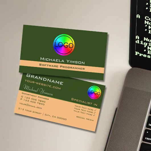 Forest Green und Peach Chic mit Logo Beruflich Visitenkarte