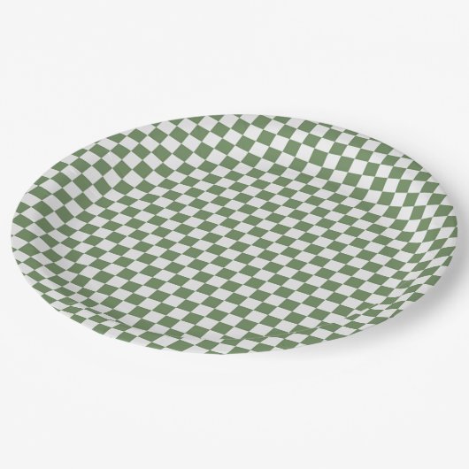 Forest Green und White Gingham Checkered Pappteller (Schrägansicht)