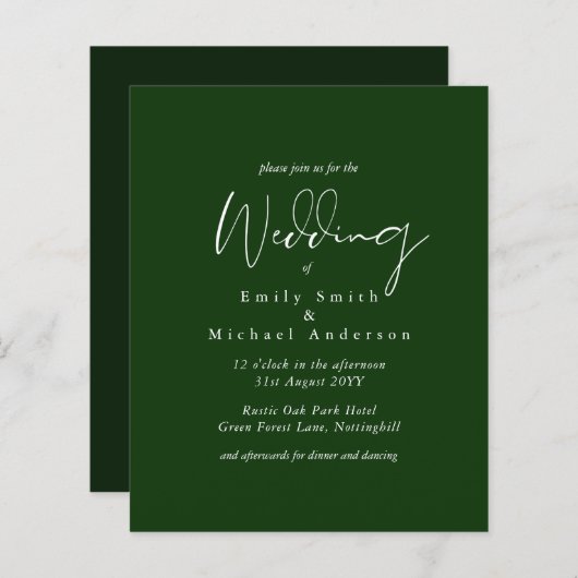 Forest Green White Script Budget Hochzeit (Vorne/Hinten)