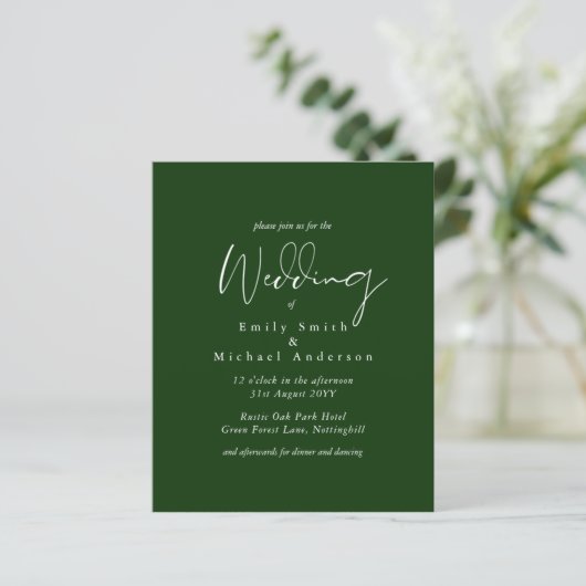 Forest Green White Script Budget Hochzeit (Stehend Vorderseite)