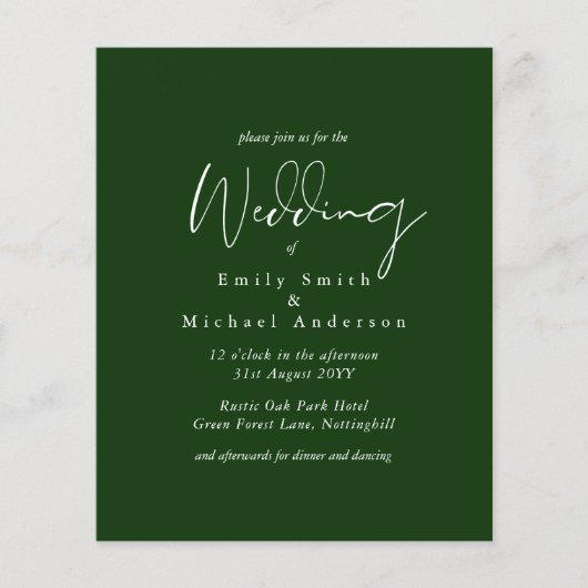 Forest Green White Script Budget Hochzeit (Vorderseite)