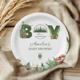 Forest Green Woodland Mushroom Baby Boy Shower Pappteller