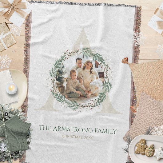 Forest Green Wreath Gold Monogram Photo Keepsake Decke