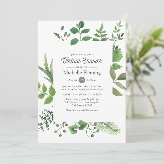 Forest Greenery Virtual Baby oder Brautparty Einladung (Stehend Vorderseite)