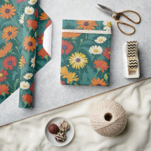 Forest Hunter Green Orange Yellow Daisy Geschenkpapier