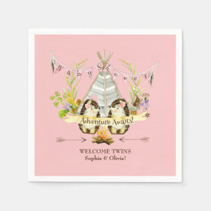 Forest Igels Twin Girls Boho Babydusche Pink Serviette