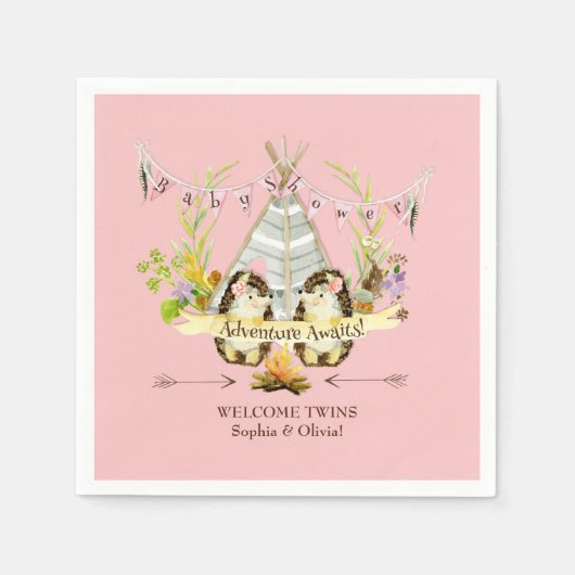 Forest Igels Twin Girls Boho Babydusche Pink Serviette (Vorderseite)