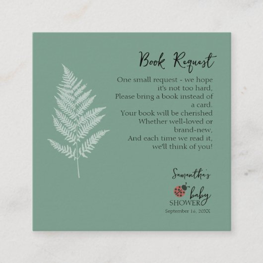 Forest Ladybugs Green Baby Dusche Buchanfrage Begleitkarte (Vorderseite)