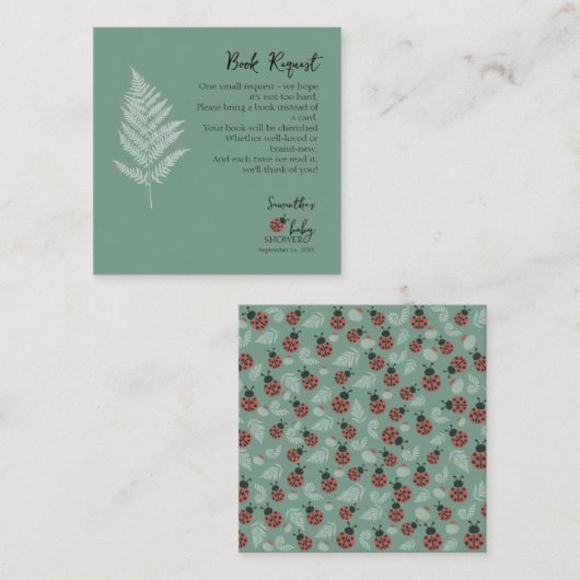 Forest Ladybugs Green Baby Dusche Buchanfrage Begleitkarte (Vorne/Hinten)