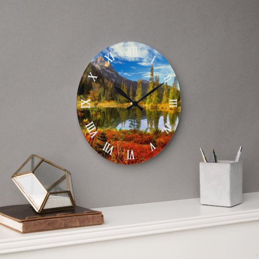 Forest Lake Mountains Herbst Farben Wasserfarbe Ku Große Wanduhr (Büro)