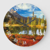Forest Lake Mountains Herbst Farben Wasserfarbe Ku Große Wanduhr (Vorderseite)
