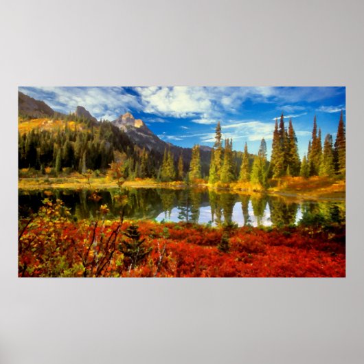 Forest Lake Mountains Herbst Farben Wasserfarbe Ku Poster (Vorne)